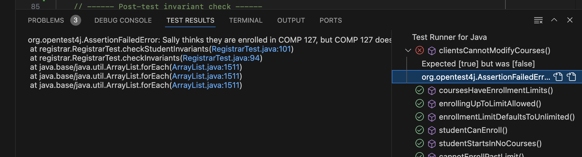 The “Test Results” tab now shows: “AssertionFailedError: Sally thinks they are enrolled in COMP 127, but COMP 127 doesn't think they're in the class.”