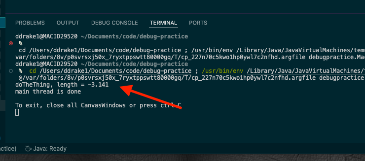 screenshot of the VS Code terminal, with the line "doTheThing, length = -3.141"